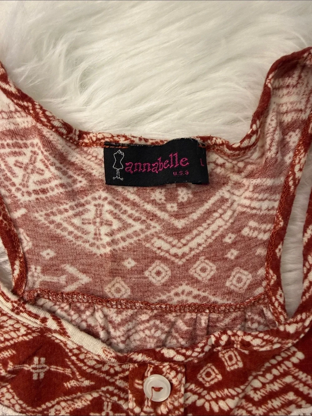Annabelle USA Boho Tank Top Women’s Large Red Cream Geometric Lace Trim Flowy - Picture 2 of 6